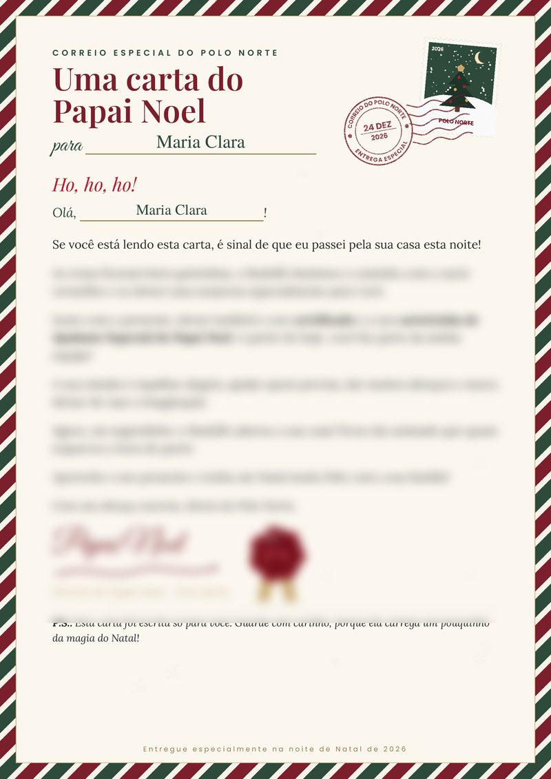 Carta do Papai Noel com o nome Maria Clara preenchido